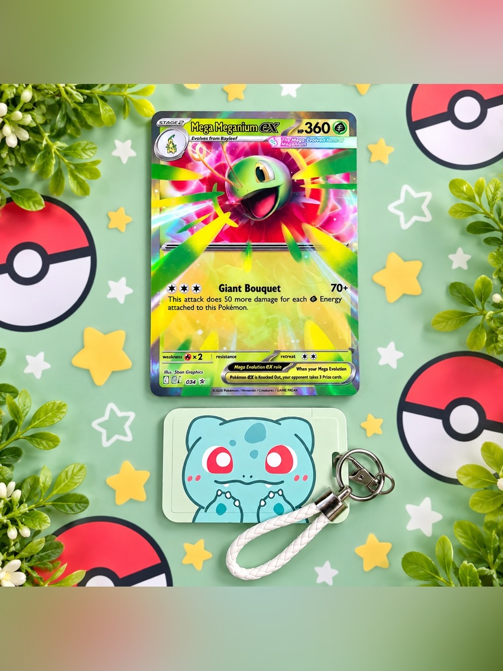 Mega Meganium EX Holographic Pokémon Card & Id/Card Holder Keychain